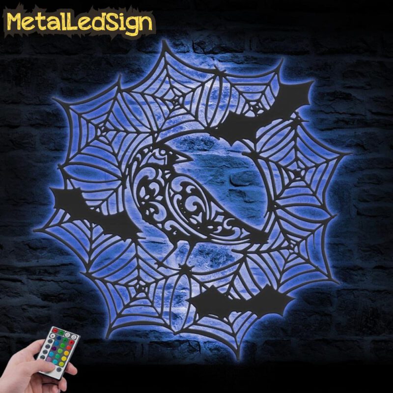 Bat Raven On Spiderweb Metal Wall Art With Led Light - Image 2