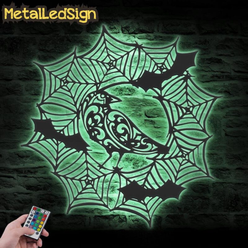 Bat Raven On Spiderweb Metal Wall Art With Led Light - Image 4