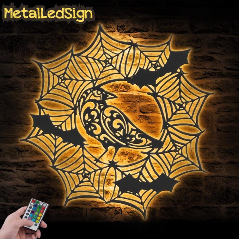 Bat Raven On Spiderweb Metal Wall Art With Led Light