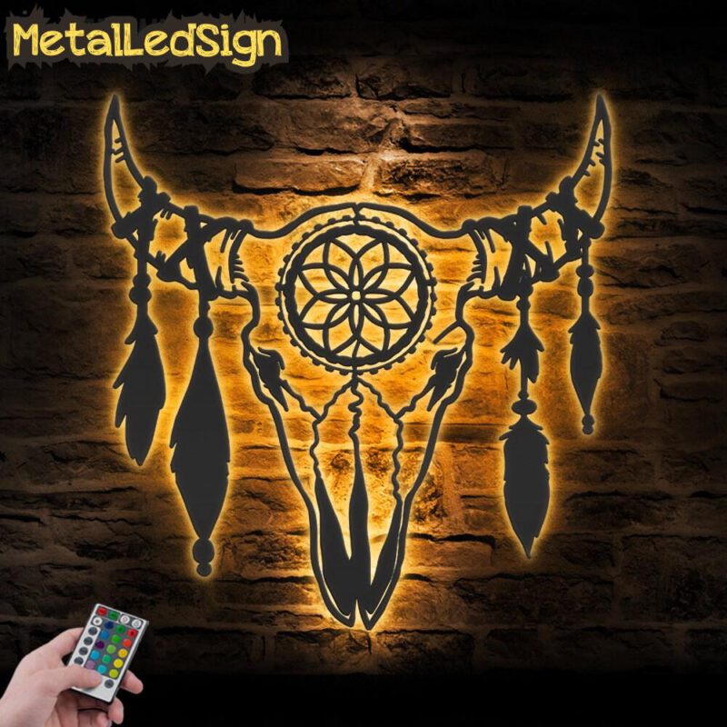 Boho Cow Skull Metal Wall Art Led Light