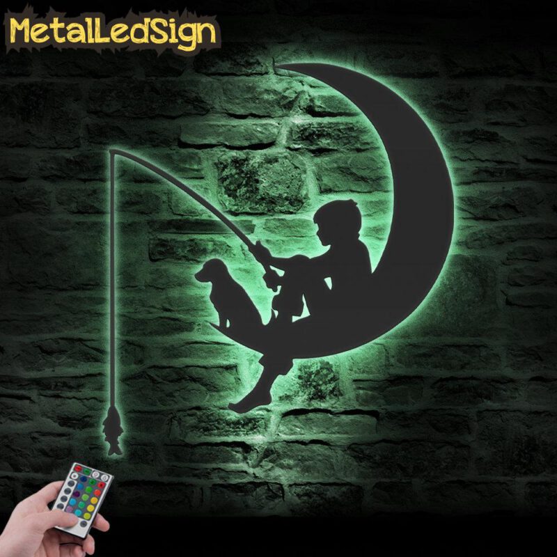 Boy And Dog Fishing On The Moon Metal Wall Art With Led Light - Image 4