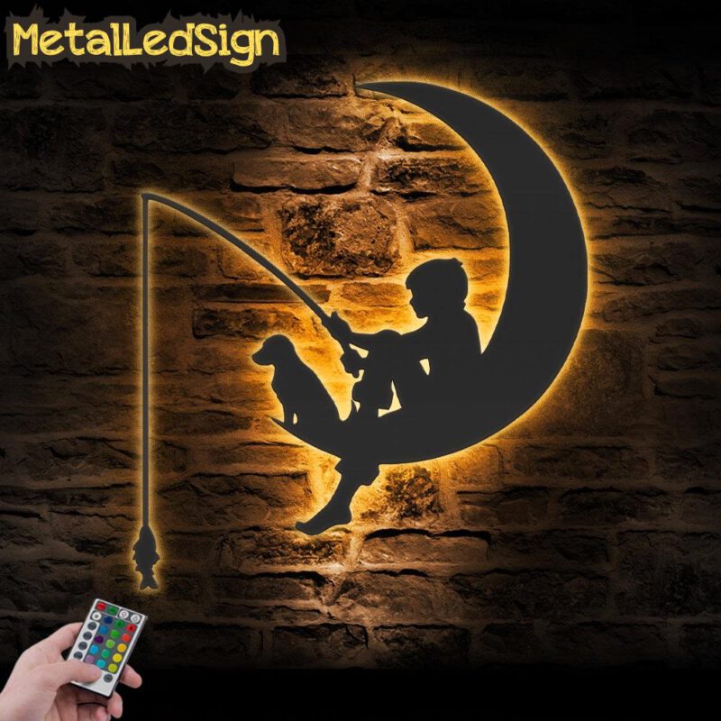 Boy And Dog Fishing On The Moon Metal Wall Art With Led Light