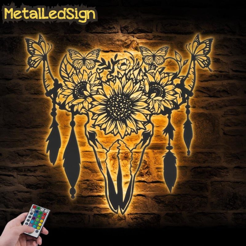 Butterfly Sunflower Cow Skull Farmhouse Metal Wall Art Led Light