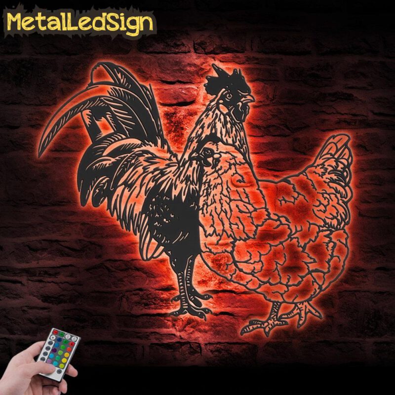 Couple Chicken Farmhouse Metal Wall Art Led Light - Image 3