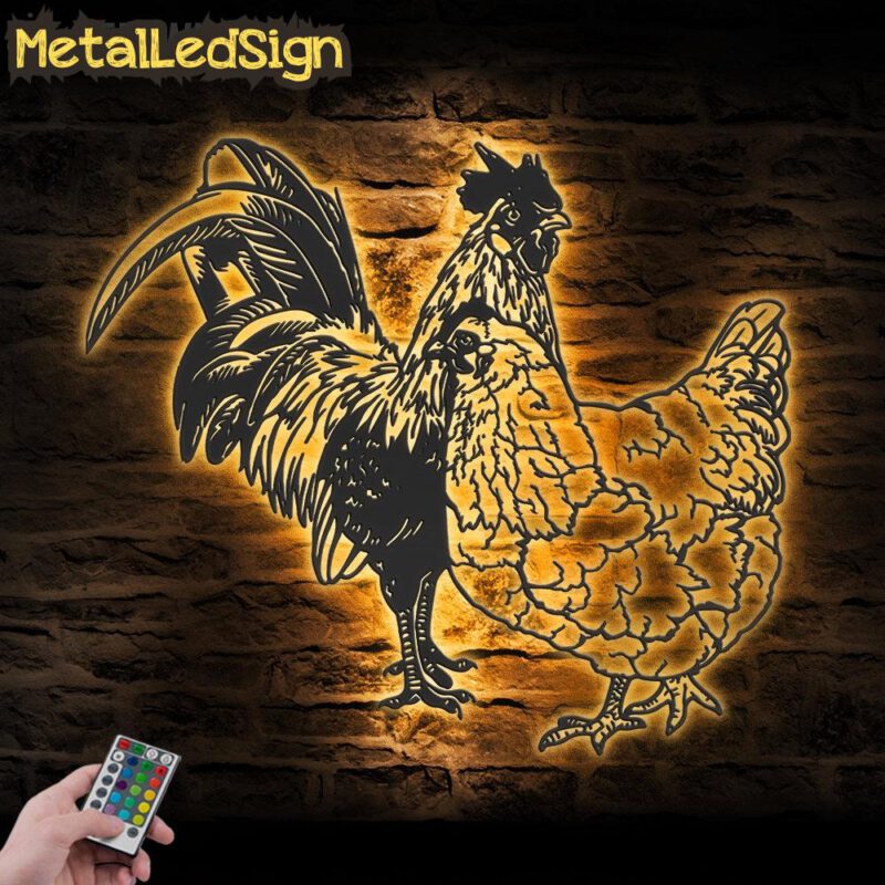 Couple Chicken Farmhouse Metal Wall Art Led Light