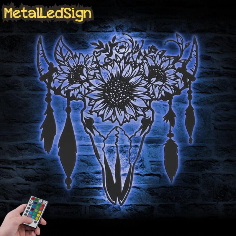 Cow Skull Sunflower Farmhouse Metal Wall Art Led Light - Image 2