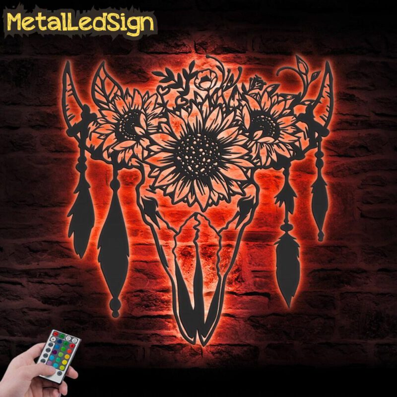 Cow Skull Sunflower Farmhouse Metal Wall Art Led Light - Image 3