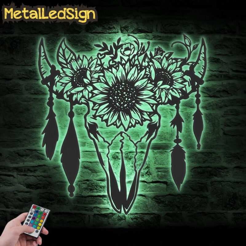 Cow Skull Sunflower Farmhouse Metal Wall Art Led Light - Image 4