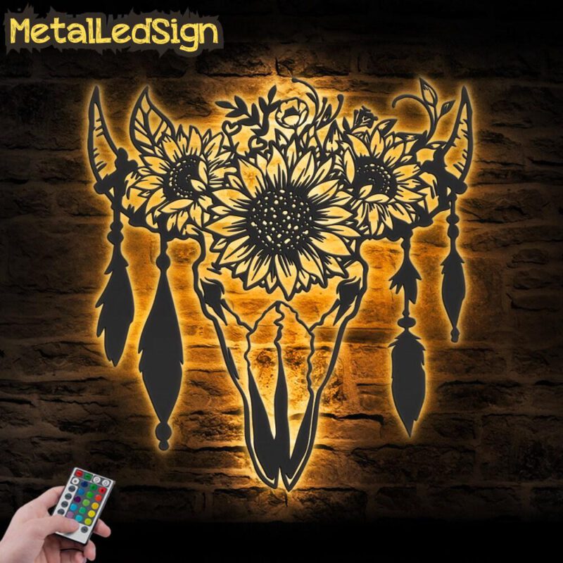 Cow Skull Sunflower Farmhouse Metal Wall Art Led Light