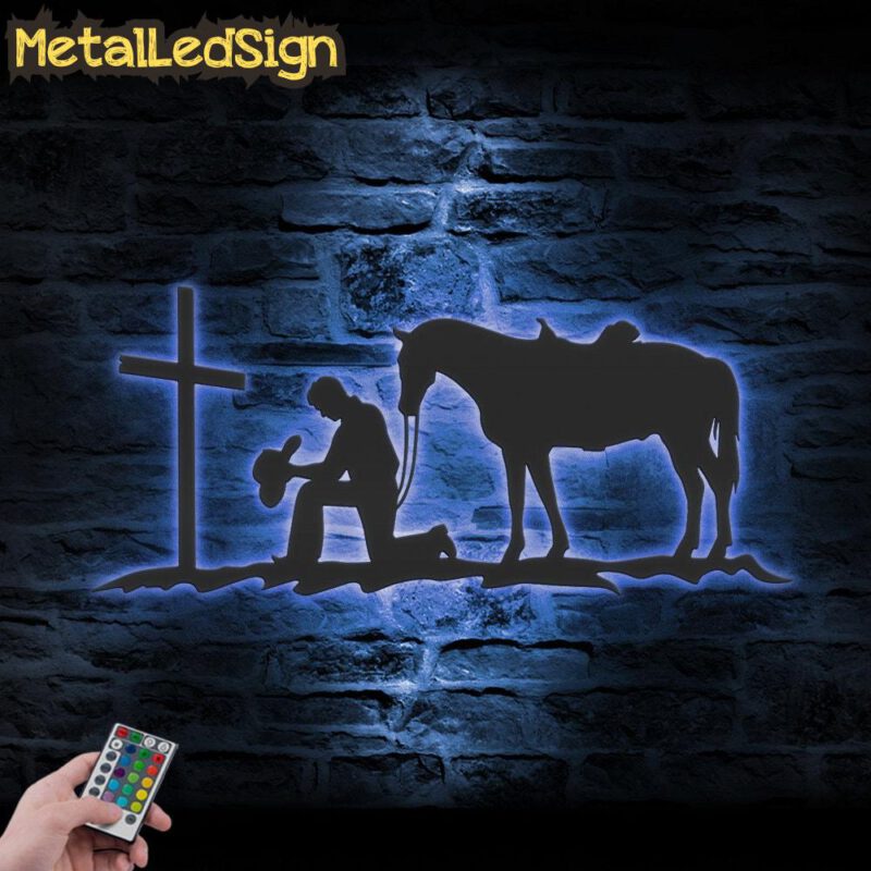 Cowboy Kneeling At Cross Metal Wall Art Led Light - Image 2