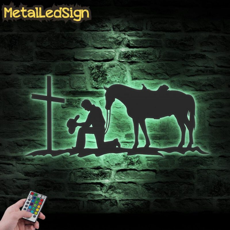 Cowboy Kneeling At Cross Metal Wall Art Led Light - Image 4