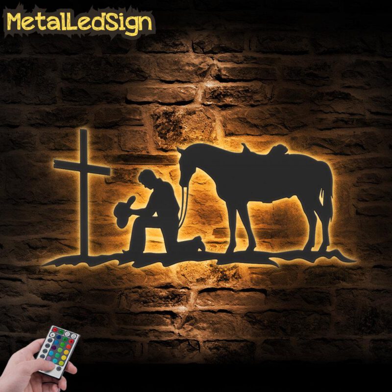 Cowboy Kneeling At Cross Metal Wall Art Led Light