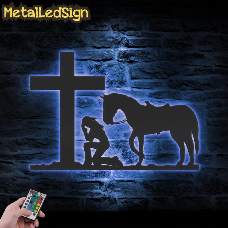 Cowgirl Kneeling At Cross Metal Wall Art Led Light - Image 2