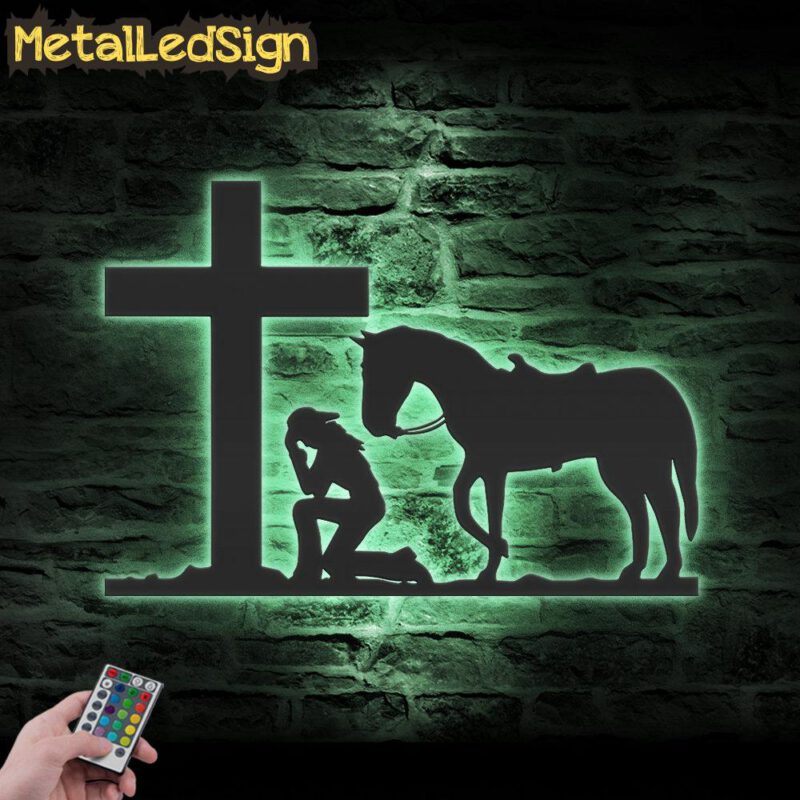 Cowgirl Kneeling At Cross Metal Wall Art Led Light - Image 4