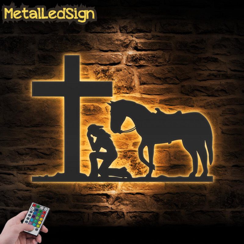 Cowgirl Kneeling At Cross Metal Wall Art Led Light