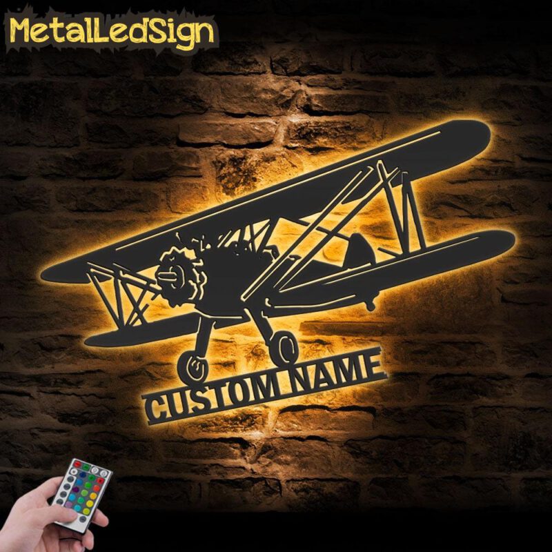 Custom Biplane Airplane Metal Wall Art Led Light