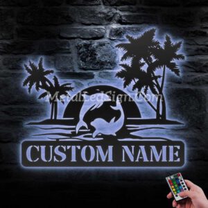 Custom-Couple-Dolphin-Palm-Tree-Beach-House-Sunset-Metal-Wall-Art-Led-Light-3