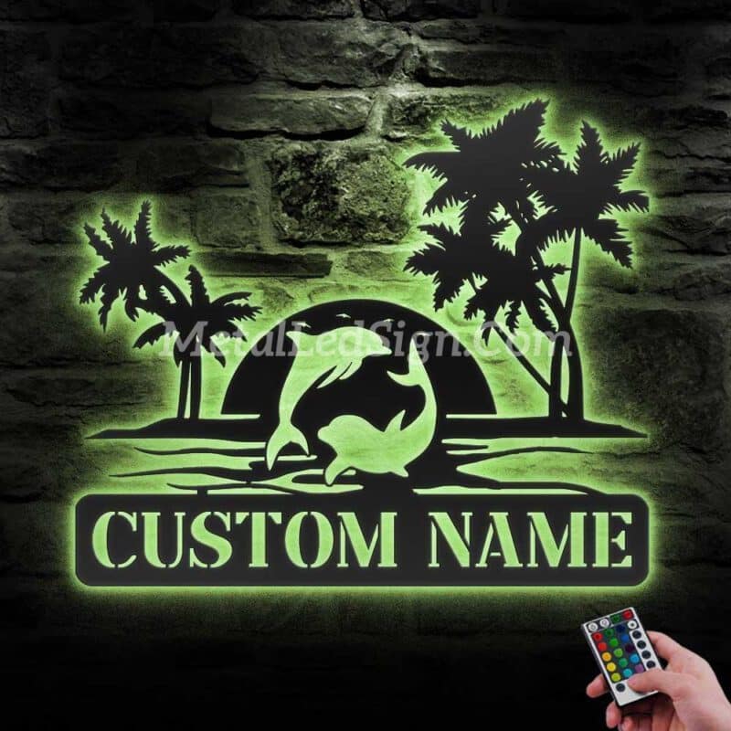 Custom-Couple-Dolphin-Palm-Tree-Beach-House-Sunset-Metal-Wall-Art-Led-Light-6