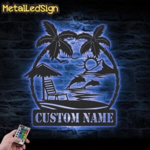 Custom-Couple-Dolphin-Palm-Tree-Beach-House-Sunset-Metal-Wall-LED-3.jpg