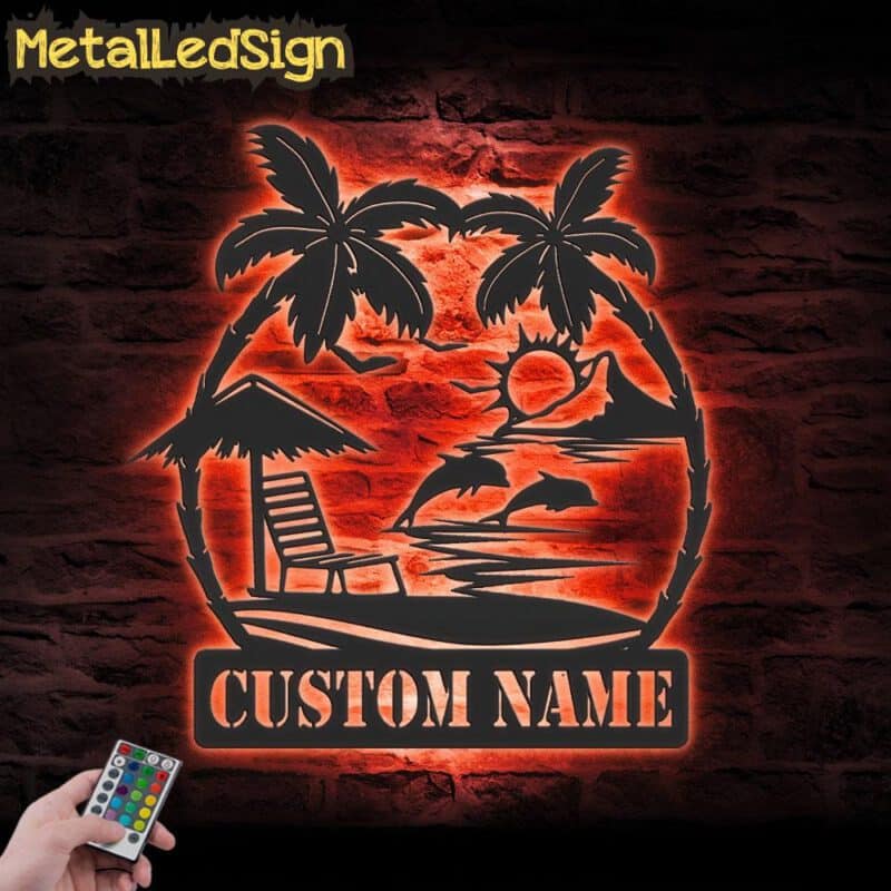 Custom-Couple-Dolphin-Palm-Tree-Beach-House-Sunset-Metal-Wall-LED-5.jpg
