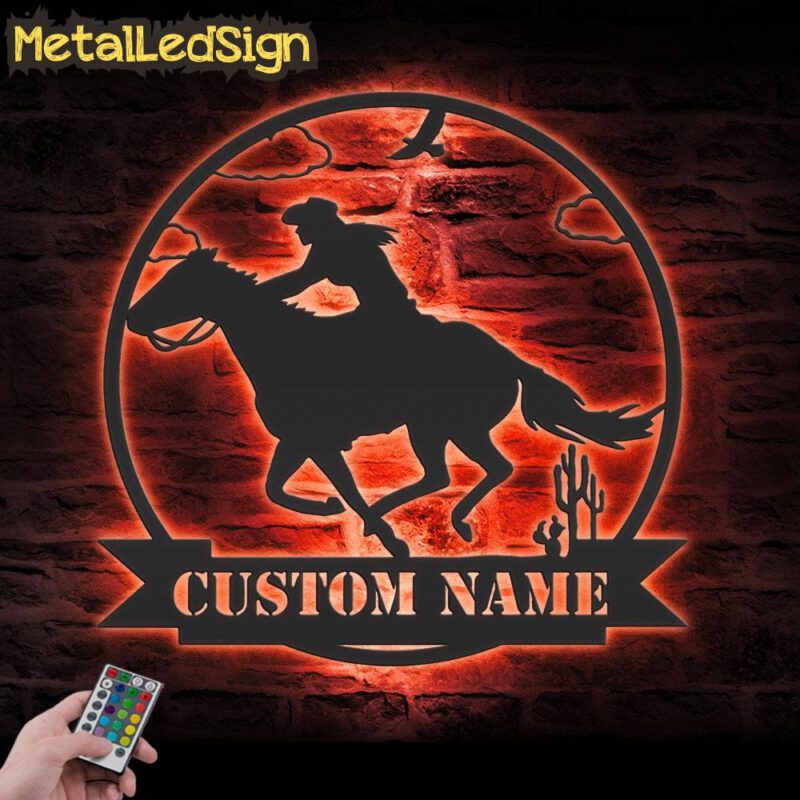 Custom-CowGirl-Riding-Horse-Metal-Wall-Art-LED-Light-5.jpg