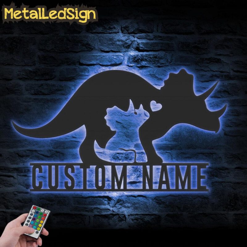 Custom-Mom-Baby-Father-Triceratops-Dinosaur-Metal-Wall-Art-LED-Light-3.jpg