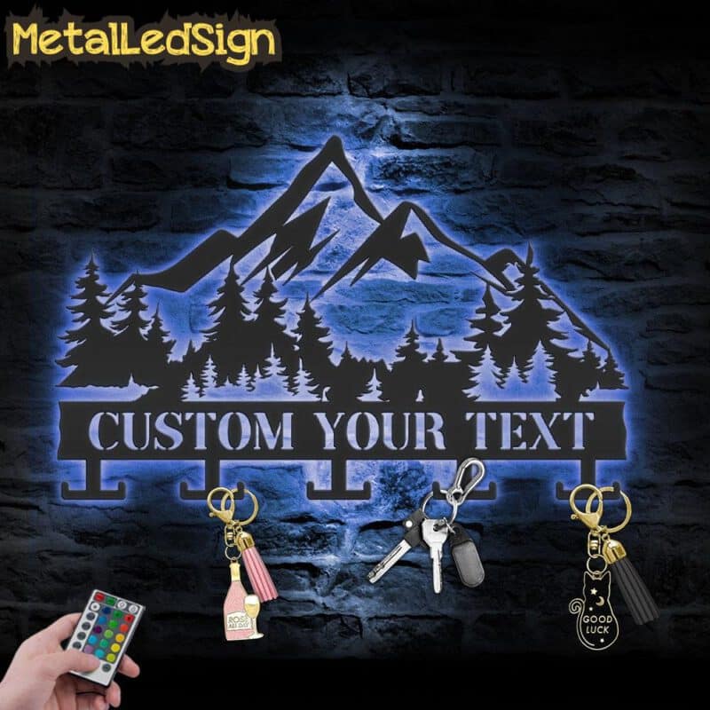 Custom-Mountain-Forest-Key-Holder-Metal-Wall-Art-LED-Light-3