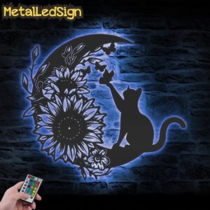 Floral-Cat-on-The-Crescent-Moon-Sunflower-Metal-Wall-Art-with-LED-Light-3