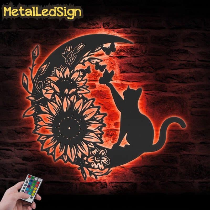 Floral-Cat-on-The-Crescent-Moon-Sunflower-Metal-Wall-Art-with-LED-Light-5