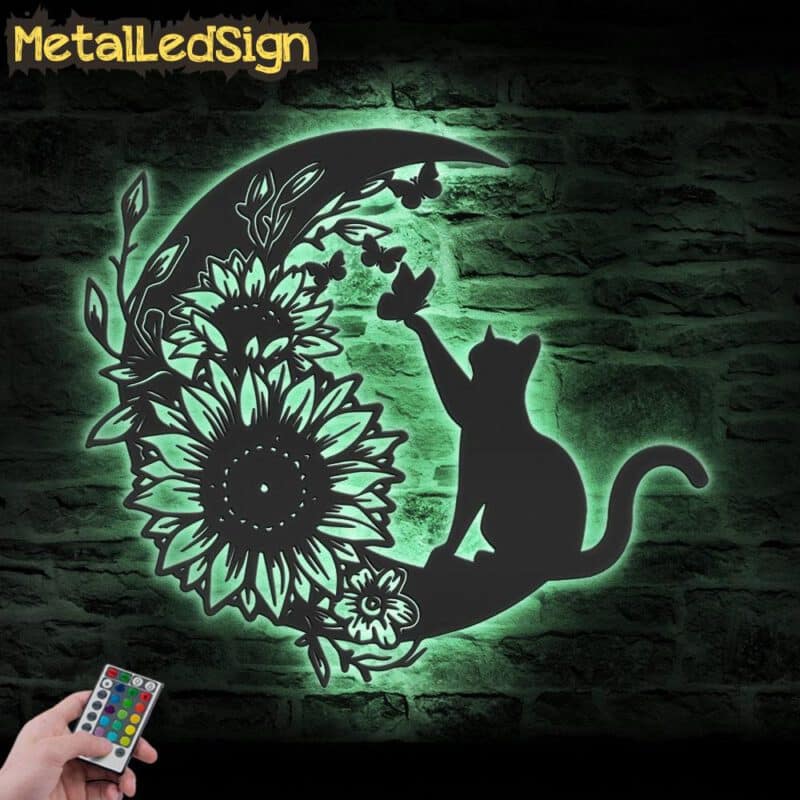 Floral-Cat-on-The-Crescent-Moon-Sunflower-Metal-Wall-Art-with-LED-Light-7