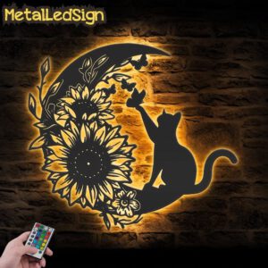 Floral-Cat-on-The-Crescent-Moon-Sunflower-Metal-Wall-Art-with-LED-Light-Images