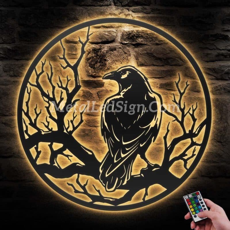 Raven-On-Branch-Metal-Wall-Art-With-Led-Light-Images